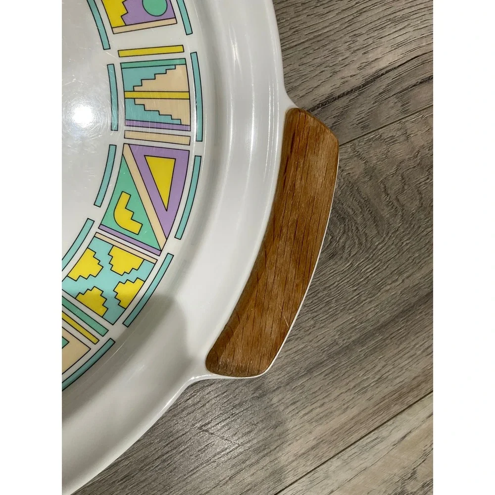 Oneida Serving Tray Round Southwestern Geometric Pastel Wood Handles vintage